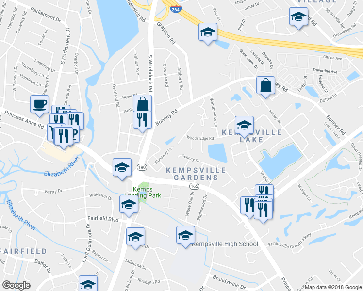 map of restaurants, bars, coffee shops, grocery stores, and more near 4913 Woods Edge Road in Virginia Beach