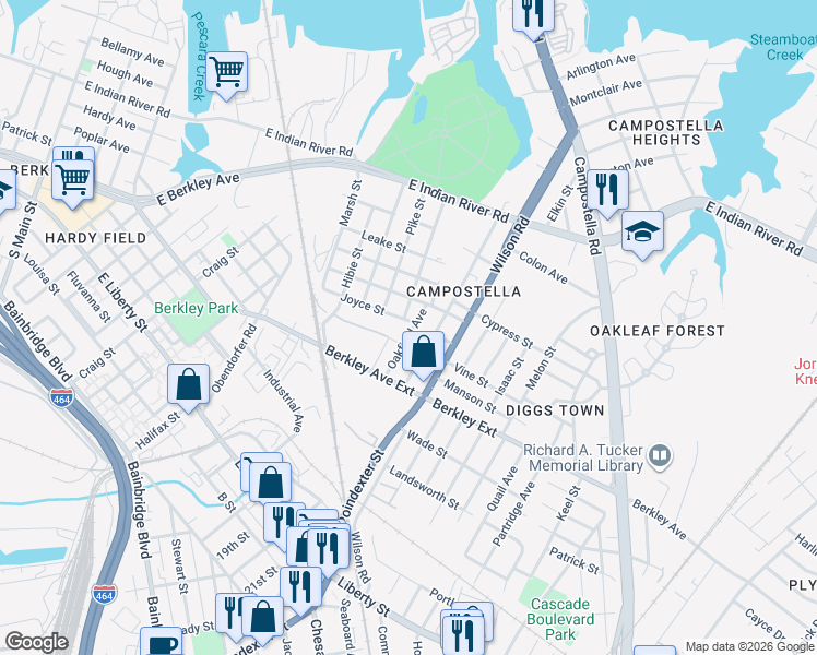 map of restaurants, bars, coffee shops, grocery stores, and more near 1518 Covel Street in Norfolk