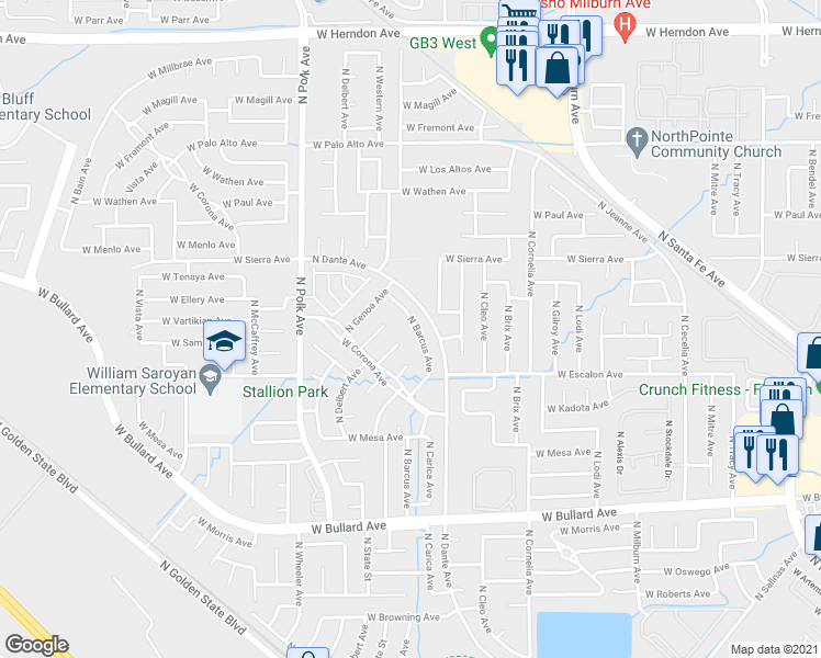 map of restaurants, bars, coffee shops, grocery stores, and more near 6345 N Barcus Ave in Fresno