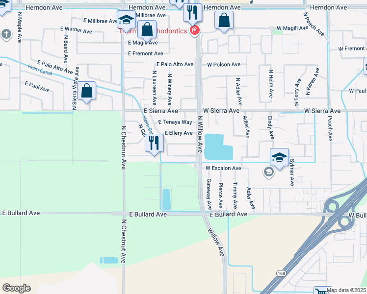 map of restaurants, bars, coffee shops, grocery stores, and more near 3238 East Vartikian Avenue in Fresno