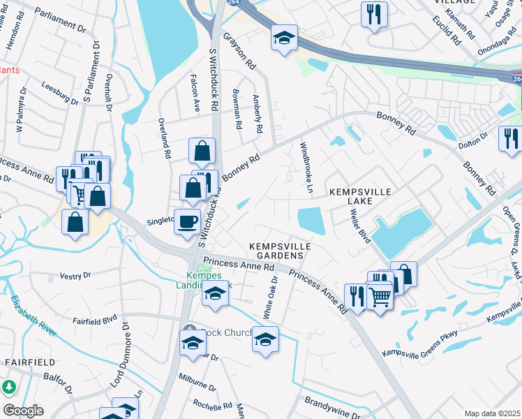 map of restaurants, bars, coffee shops, grocery stores, and more near 268 Mannings Lane in Virginia Beach