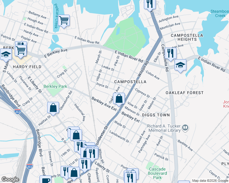 map of restaurants, bars, coffee shops, grocery stores, and more near 1518 Covel Street in Norfolk