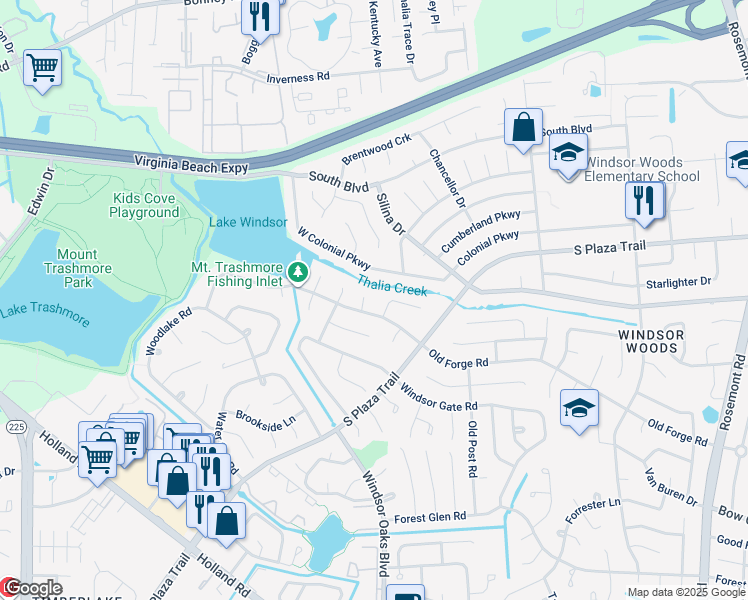 map of restaurants, bars, coffee shops, grocery stores, and more near 404 Parkwood Court in Virginia Beach