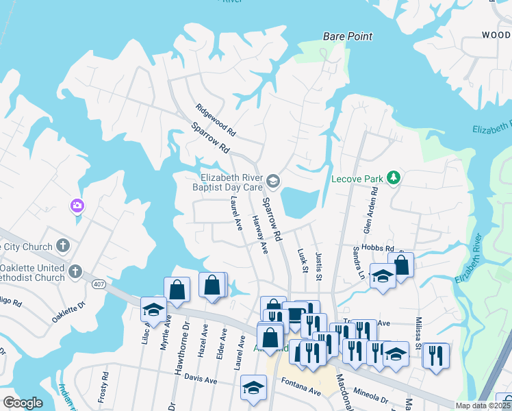 map of restaurants, bars, coffee shops, grocery stores, and more near 804 Harway Avenue in Chesapeake