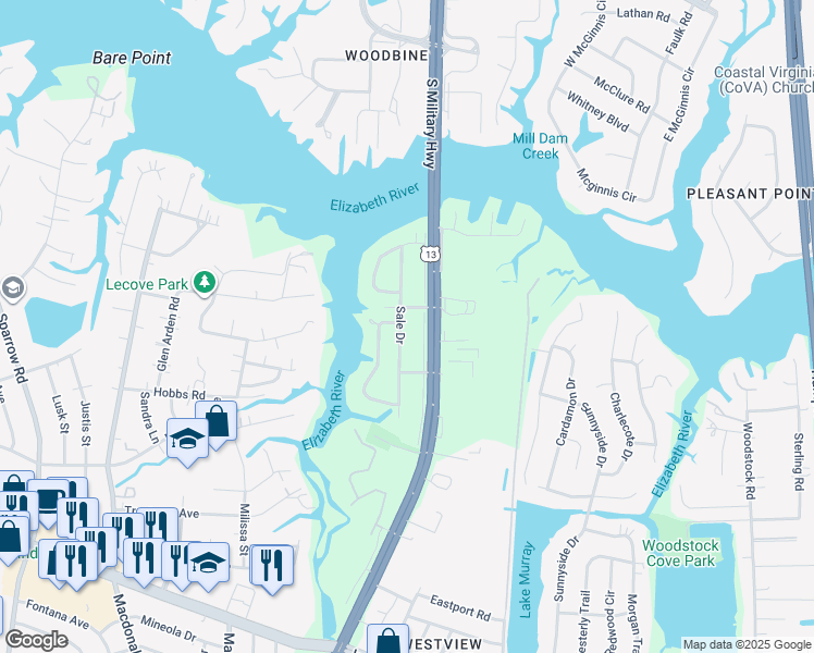 map of restaurants, bars, coffee shops, grocery stores, and more near 3465 Sale Drive in Virginia Beach
