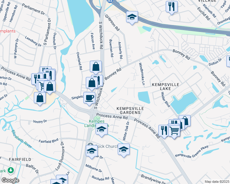 map of restaurants, bars, coffee shops, grocery stores, and more near 277 Mannings Lane in Virginia Beach