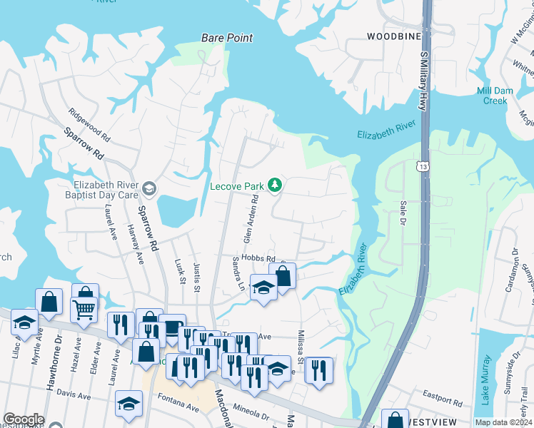map of restaurants, bars, coffee shops, grocery stores, and more near 884 Le Cove Drive in Virginia Beach
