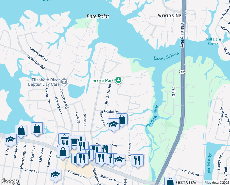map of restaurants, bars, coffee shops, grocery stores, and more near 884 Le Cove Drive in Virginia Beach