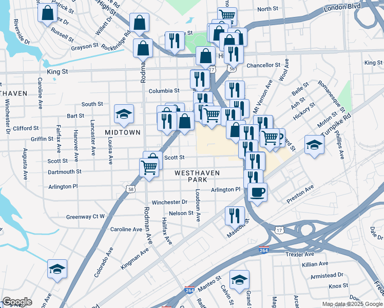map of restaurants, bars, coffee shops, grocery stores, and more near 3419 Race Street in Portsmouth