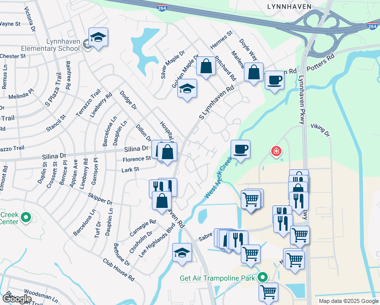 map of restaurants, bars, coffee shops, grocery stores, and more near 523 Abbot Muse in Virginia Beach