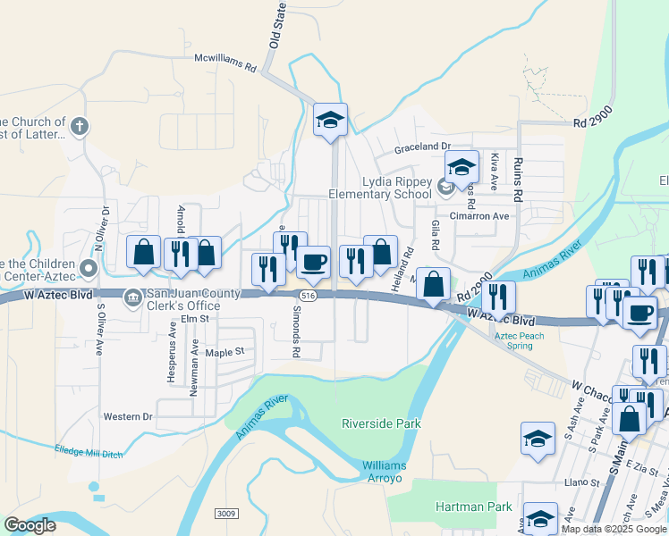 map of restaurants, bars, coffee shops, grocery stores, and more near 1315 West Aztec Boulevard in Aztec