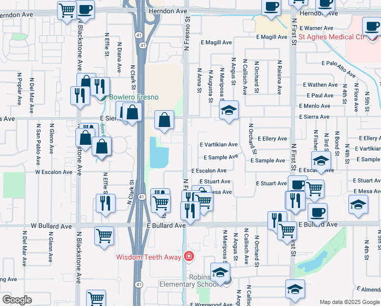 map of restaurants, bars, coffee shops, grocery stores, and more near 6280 North Fresno Street in Fresno