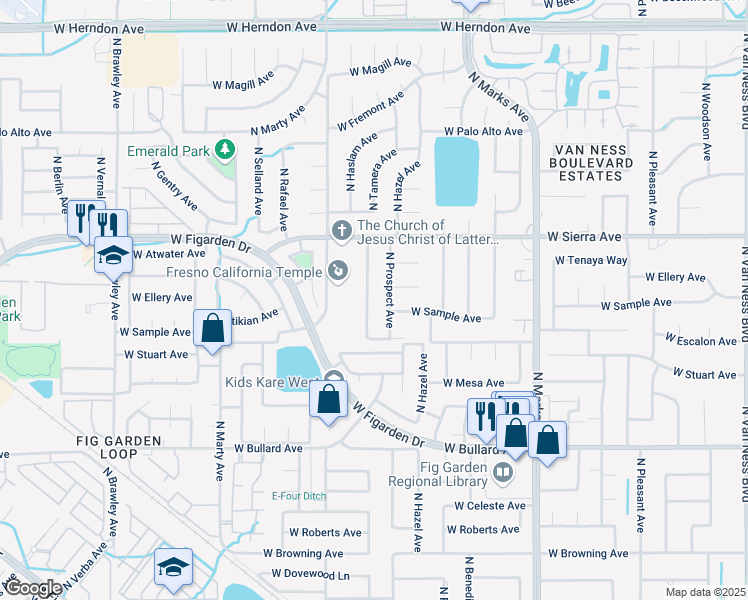 map of restaurants, bars, coffee shops, grocery stores, and more near 6294 North Tamera Avenue in Fresno
