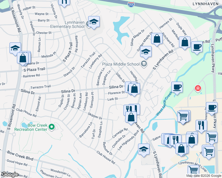map of restaurants, bars, coffee shops, grocery stores, and more near 3225 Silina Drive in Virginia Beach