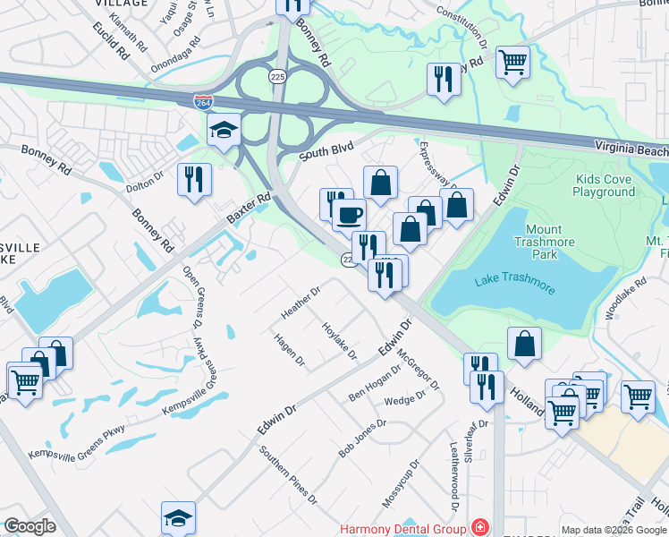 map of restaurants, bars, coffee shops, grocery stores, and more near 501 Heather Drive in Virginia Beach
