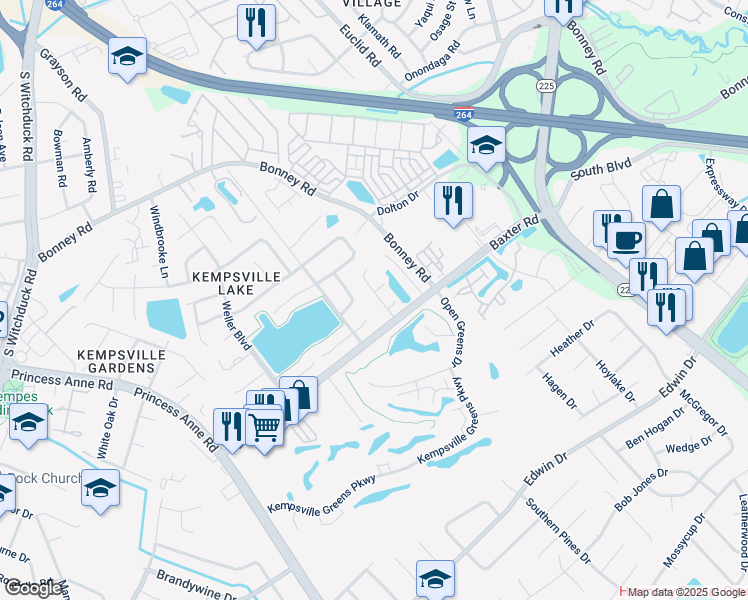 map of restaurants, bars, coffee shops, grocery stores, and more near 4709 Parvathi Court in Virginia Beach