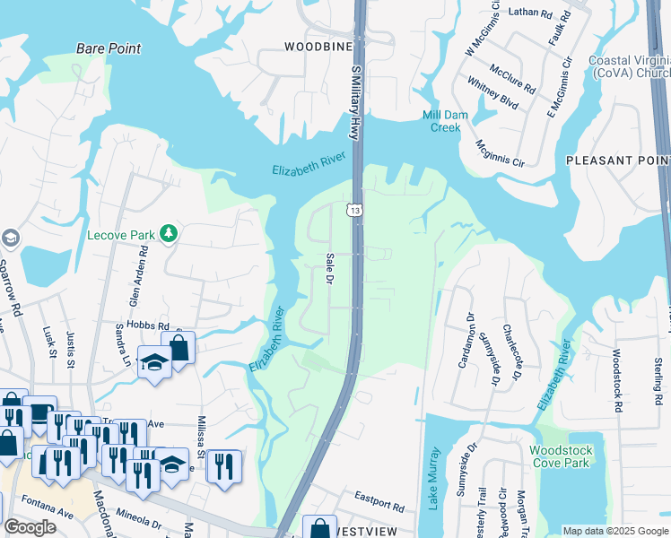 map of restaurants, bars, coffee shops, grocery stores, and more near 3465 Sale Drive in Virginia Beach
