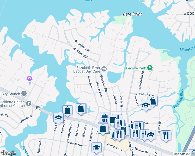 map of restaurants, bars, coffee shops, grocery stores, and more near 804 Harway Avenue in Chesapeake