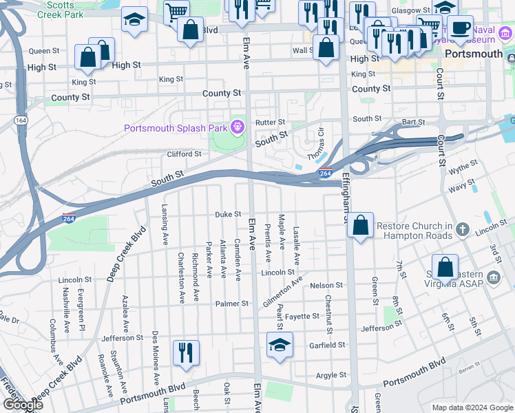map of restaurants, bars, coffee shops, grocery stores, and more near 1405 Elm Avenue in Portsmouth