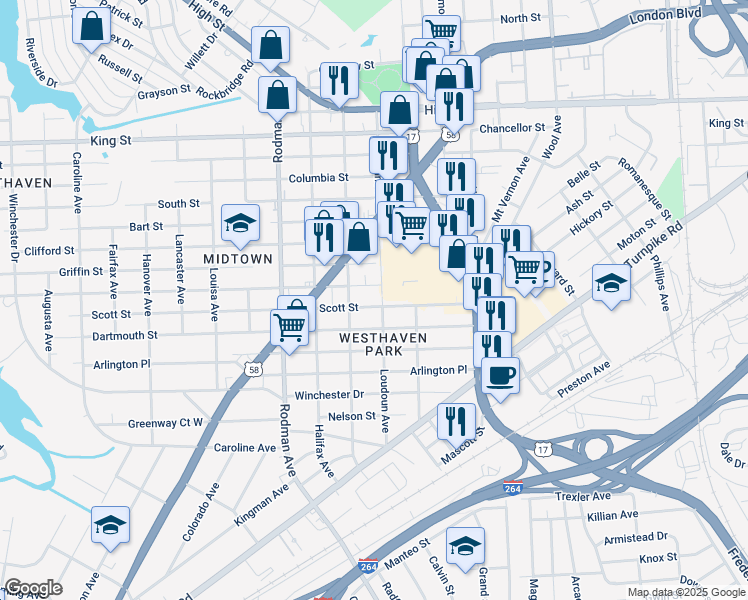 map of restaurants, bars, coffee shops, grocery stores, and more near 3419 Race Street in Portsmouth