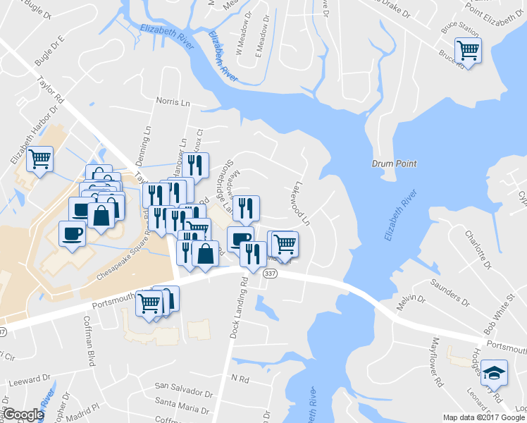 map of restaurants, bars, coffee shops, grocery stores, and more near 2349 Meadows Landing in Chesapeake