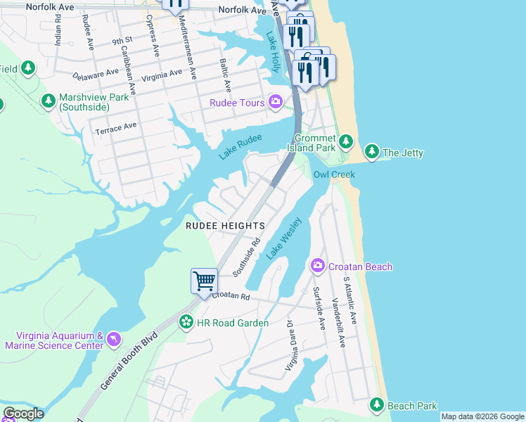 map of restaurants, bars, coffee shops, grocery stores, and more near 509 General Booth Boulevard in Virginia Beach