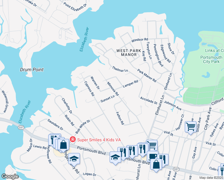 map of restaurants, bars, coffee shops, grocery stores, and more near 600 Mimosa Road in Portsmouth