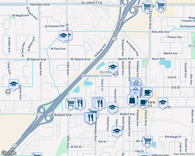 map of restaurants, bars, coffee shops, grocery stores, and more near 235 Minnewawa Avenue in Clovis