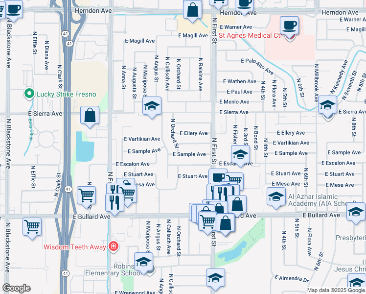 map of restaurants, bars, coffee shops, grocery stores, and more near 681 East Vartikian Avenue in Fresno