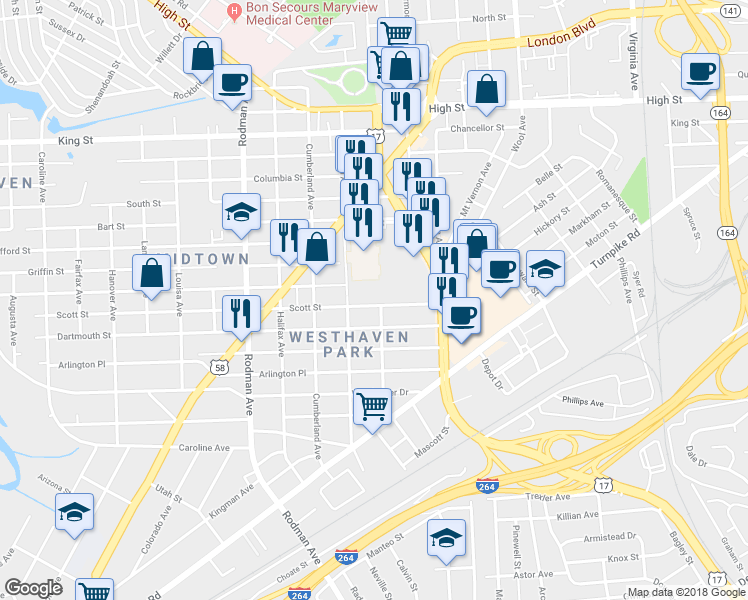 map of restaurants, bars, coffee shops, grocery stores, and more near 3302 Scott Street in Portsmouth