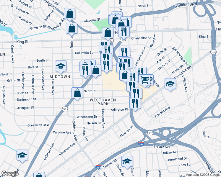 map of restaurants, bars, coffee shops, grocery stores, and more near 3302 Scott Street in Portsmouth