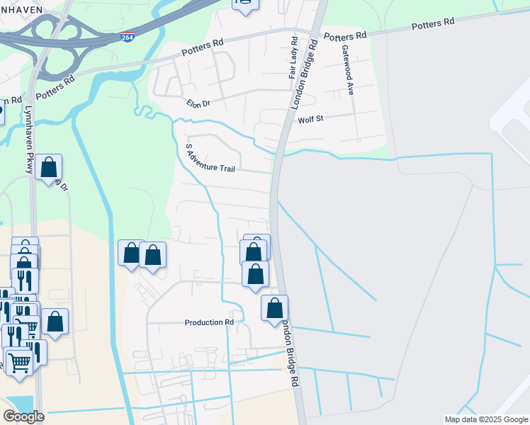 map of restaurants, bars, coffee shops, grocery stores, and more near 2401 Brush Creek Lane in Virginia Beach