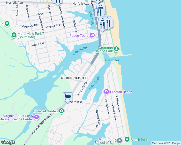 map of restaurants, bars, coffee shops, grocery stores, and more near 409 Hobart Avenue in Virginia Beach