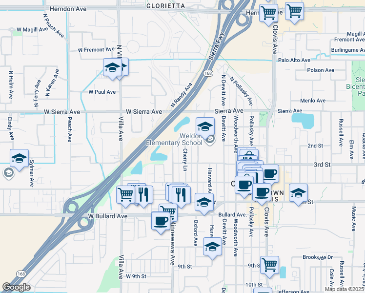 map of restaurants, bars, coffee shops, grocery stores, and more near 234 Cherry Lane in Clovis