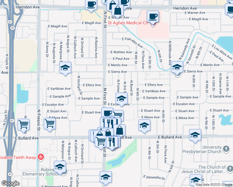 map of restaurants, bars, coffee shops, grocery stores, and more near 1075 East Vartikian Avenue in Fresno