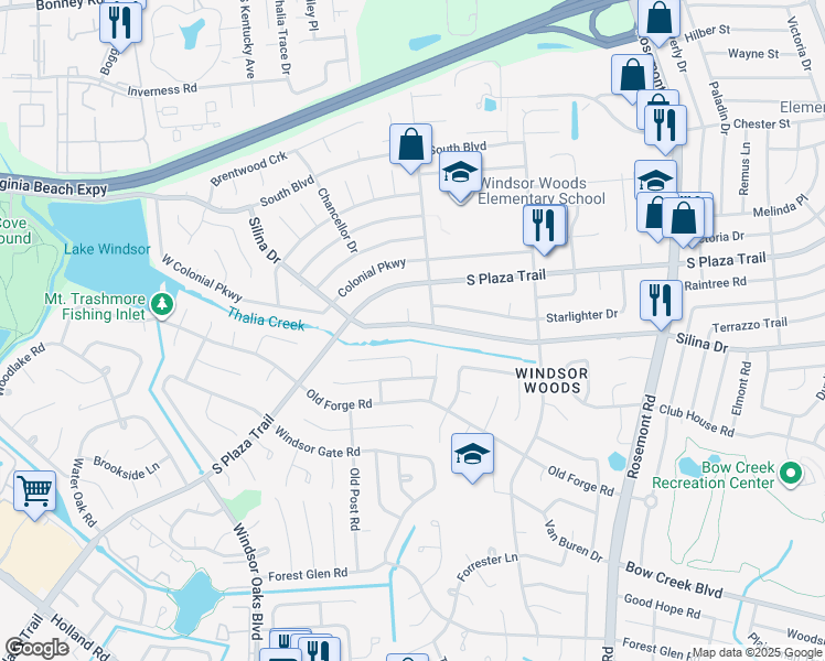 map of restaurants, bars, coffee shops, grocery stores, and more near 3809 Silina Drive in Virginia Beach