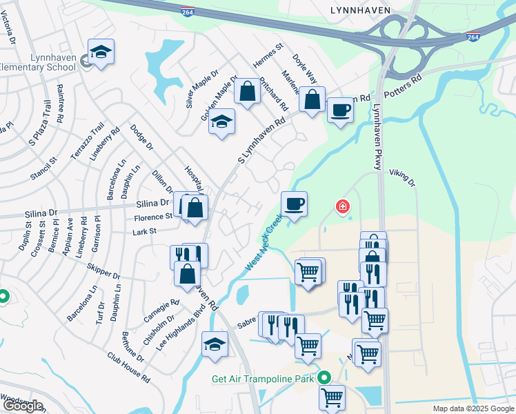 map of restaurants, bars, coffee shops, grocery stores, and more near 315 Bantry Cross in Virginia Beach