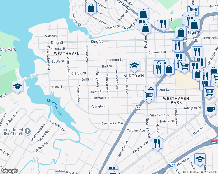 map of restaurants, bars, coffee shops, grocery stores, and more near 4021 Race Street in Portsmouth