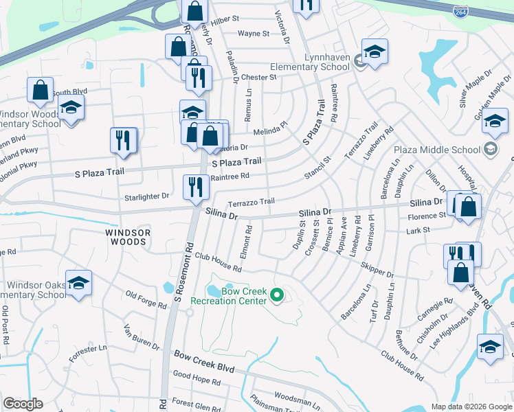 map of restaurants, bars, coffee shops, grocery stores, and more near 3509 Terrazzo Trail in Virginia Beach