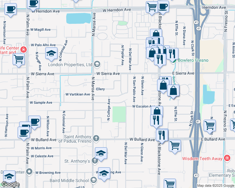 map of restaurants, bars, coffee shops, grocery stores, and more near 254 West Vartikian Avenue in Fresno