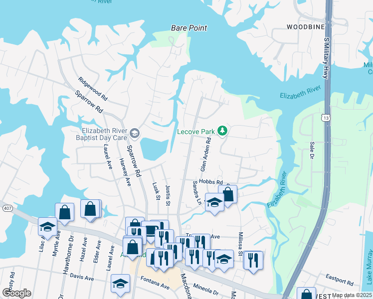map of restaurants, bars, coffee shops, grocery stores, and more near 3435 Macdonald Road in Virginia Beach