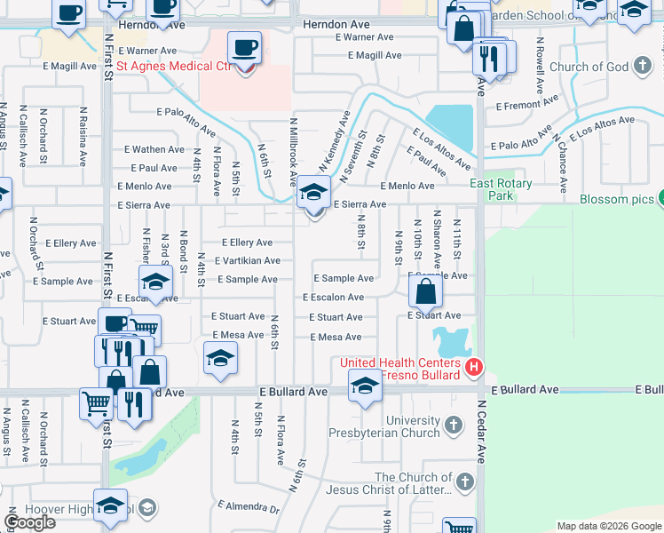 map of restaurants, bars, coffee shops, grocery stores, and more near 1483 East Vartikian Avenue in Fresno