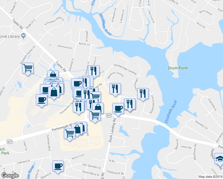 map of restaurants, bars, coffee shops, grocery stores, and more near 2430 Meadows Landing in Chesapeake