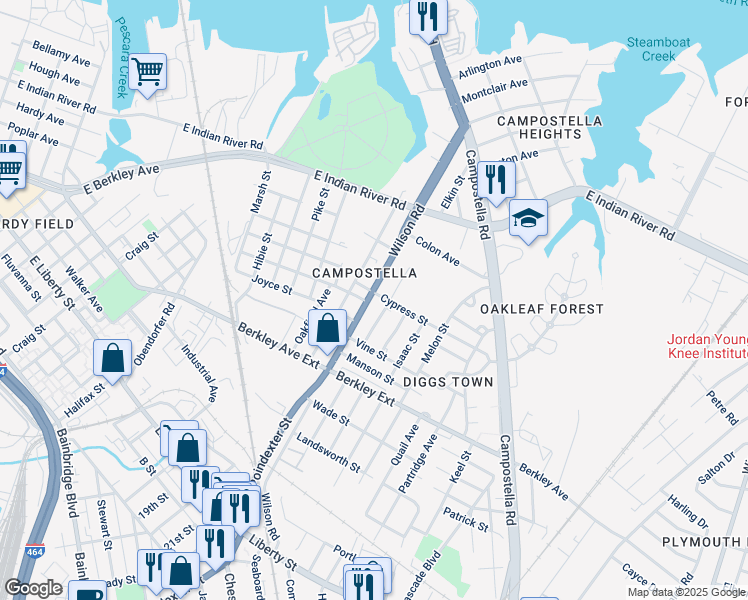 map of restaurants, bars, coffee shops, grocery stores, and more near 1510 Wilson Road in Norfolk