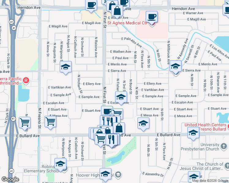 map of restaurants, bars, coffee shops, grocery stores, and more near 1075 East Vartikian Avenue in Fresno