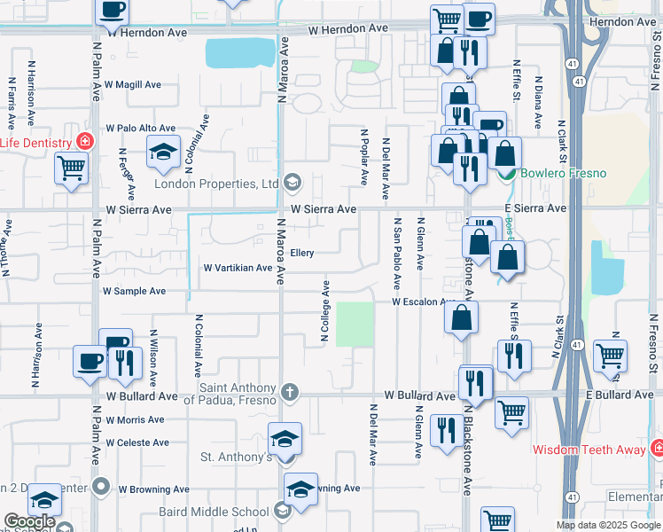 map of restaurants, bars, coffee shops, grocery stores, and more near 314 West Vartikian Avenue in Fresno