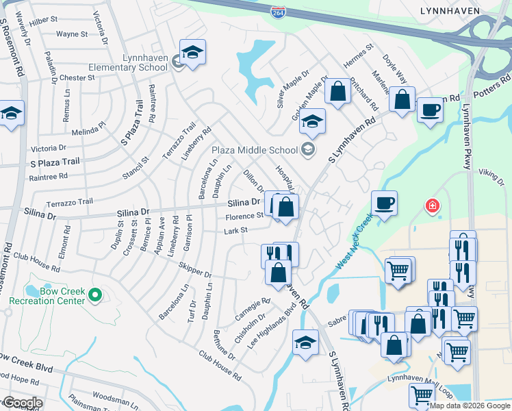 map of restaurants, bars, coffee shops, grocery stores, and more near 3205 Silina Drive in Virginia Beach