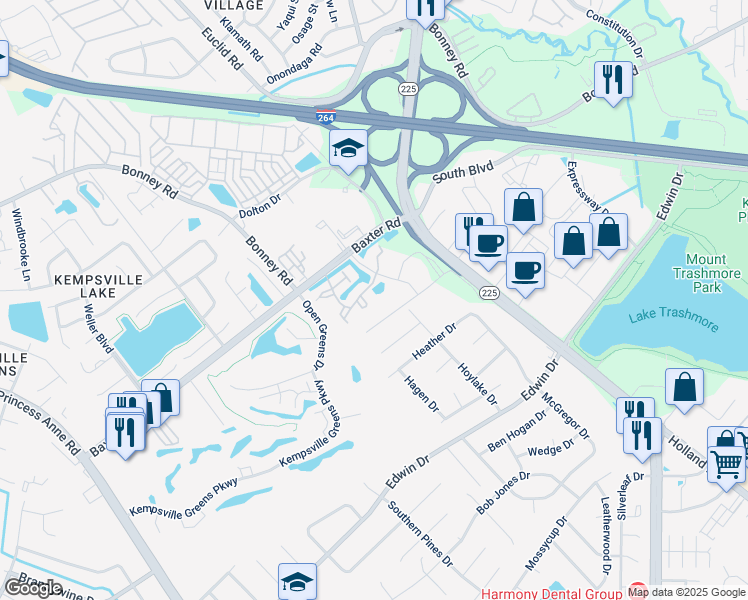 map of restaurants, bars, coffee shops, grocery stores, and more near 301 Centre Pointe Drive in Virginia Beach