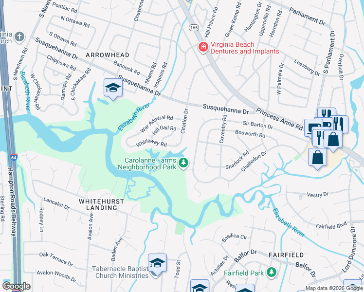 map of restaurants, bars, coffee shops, grocery stores, and more near 352 Citation Drive in Virginia Beach