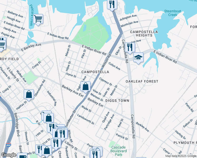map of restaurants, bars, coffee shops, grocery stores, and more near 1433 Conoga Street in Norfolk